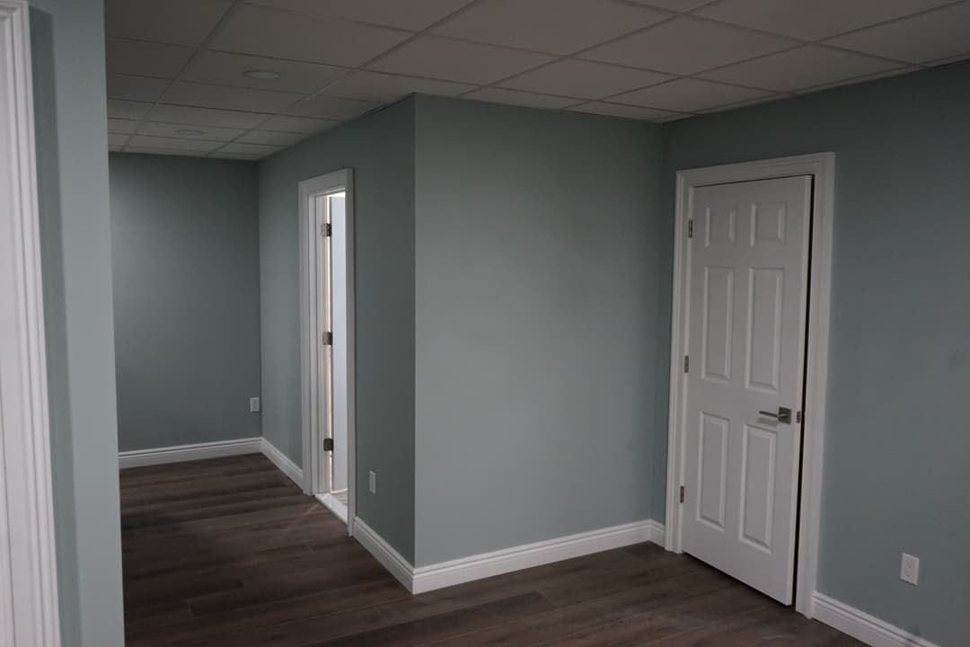Modern interior hallway with light blue walls, laminate flooring, and white doors.