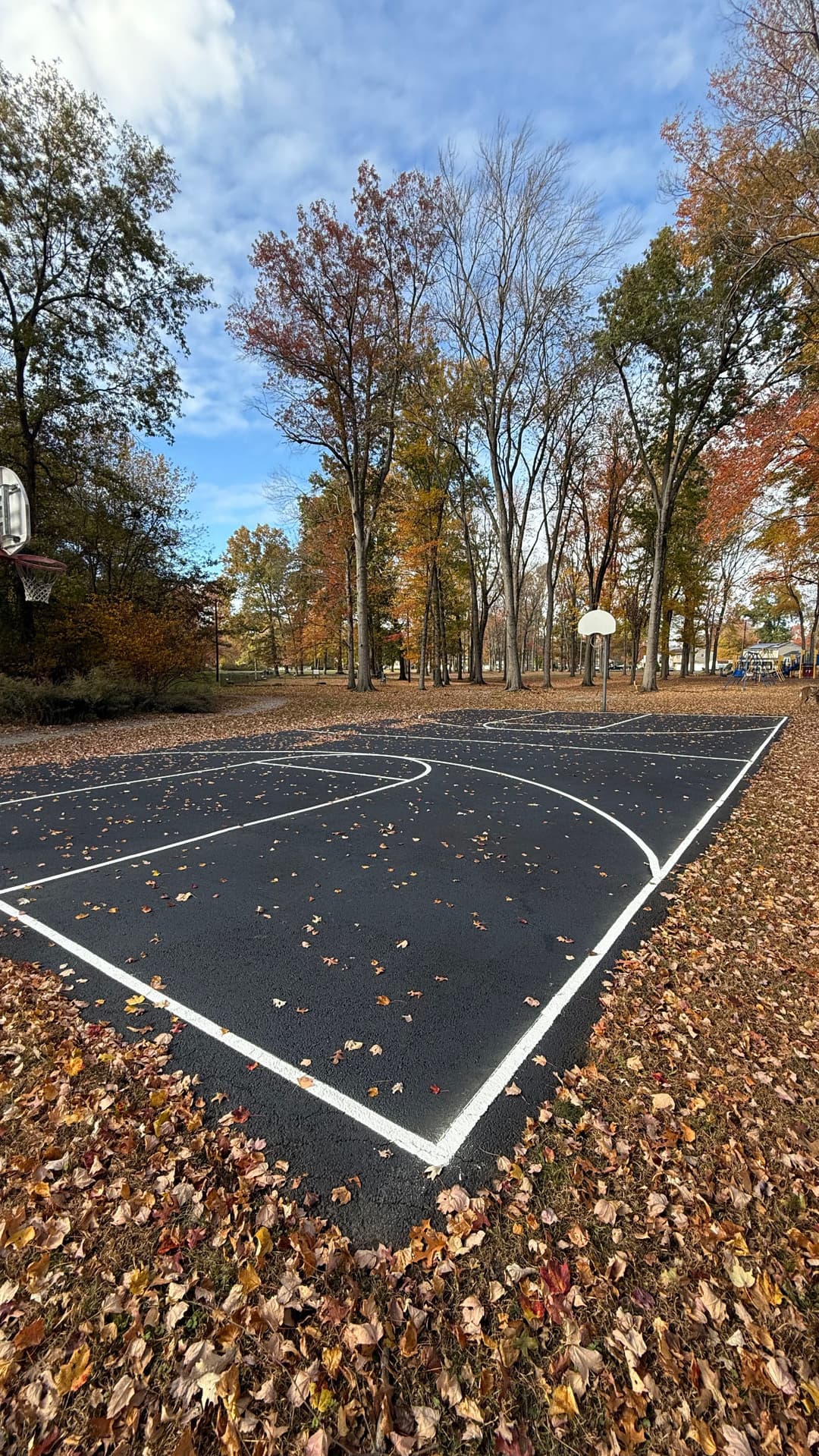 Empty basketball court surrounded by autumn leaves and colorful trees under a blue sky.