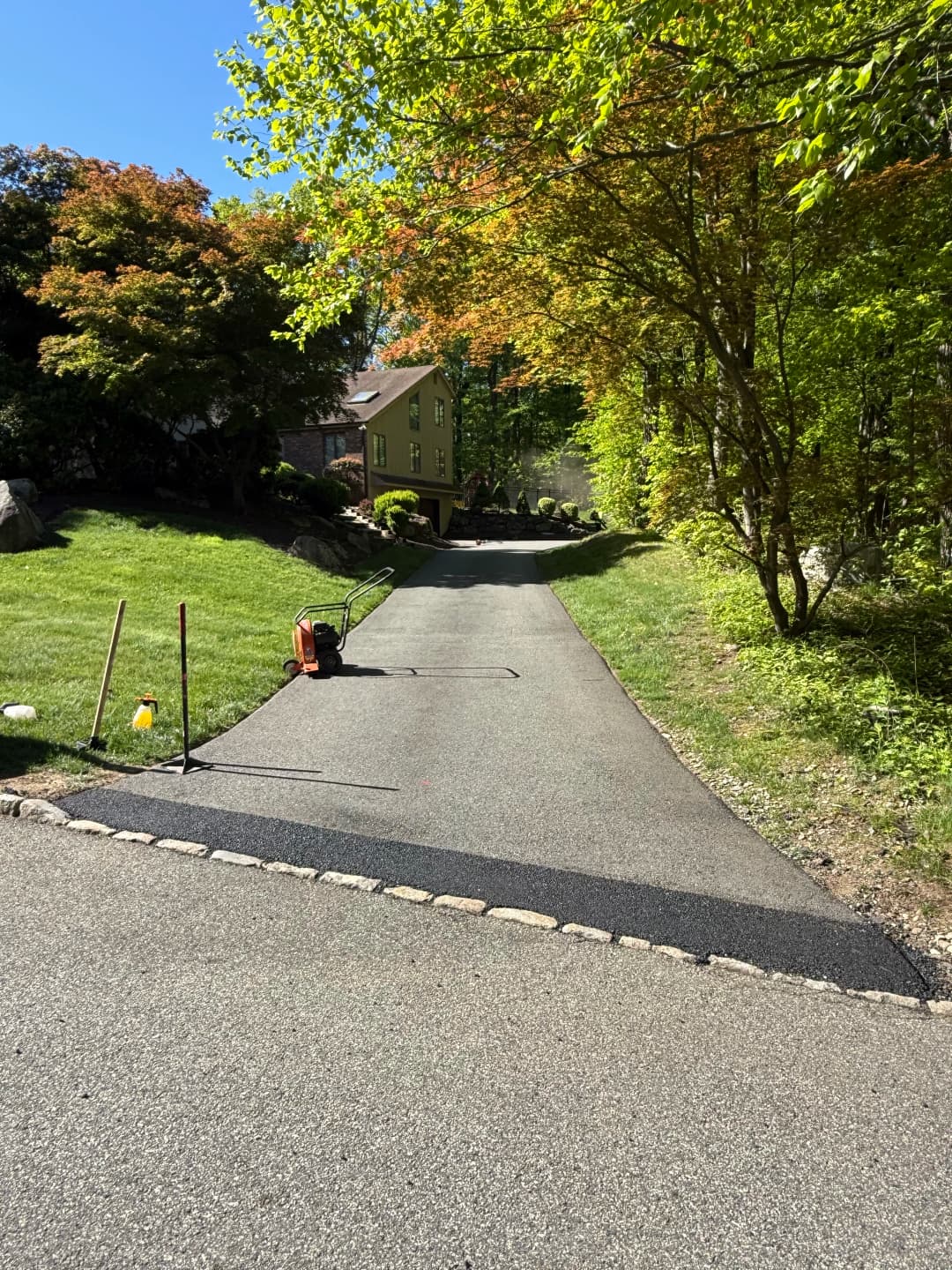 Asphalt driveway leading to a green house, surrounded by trees and landscaping.