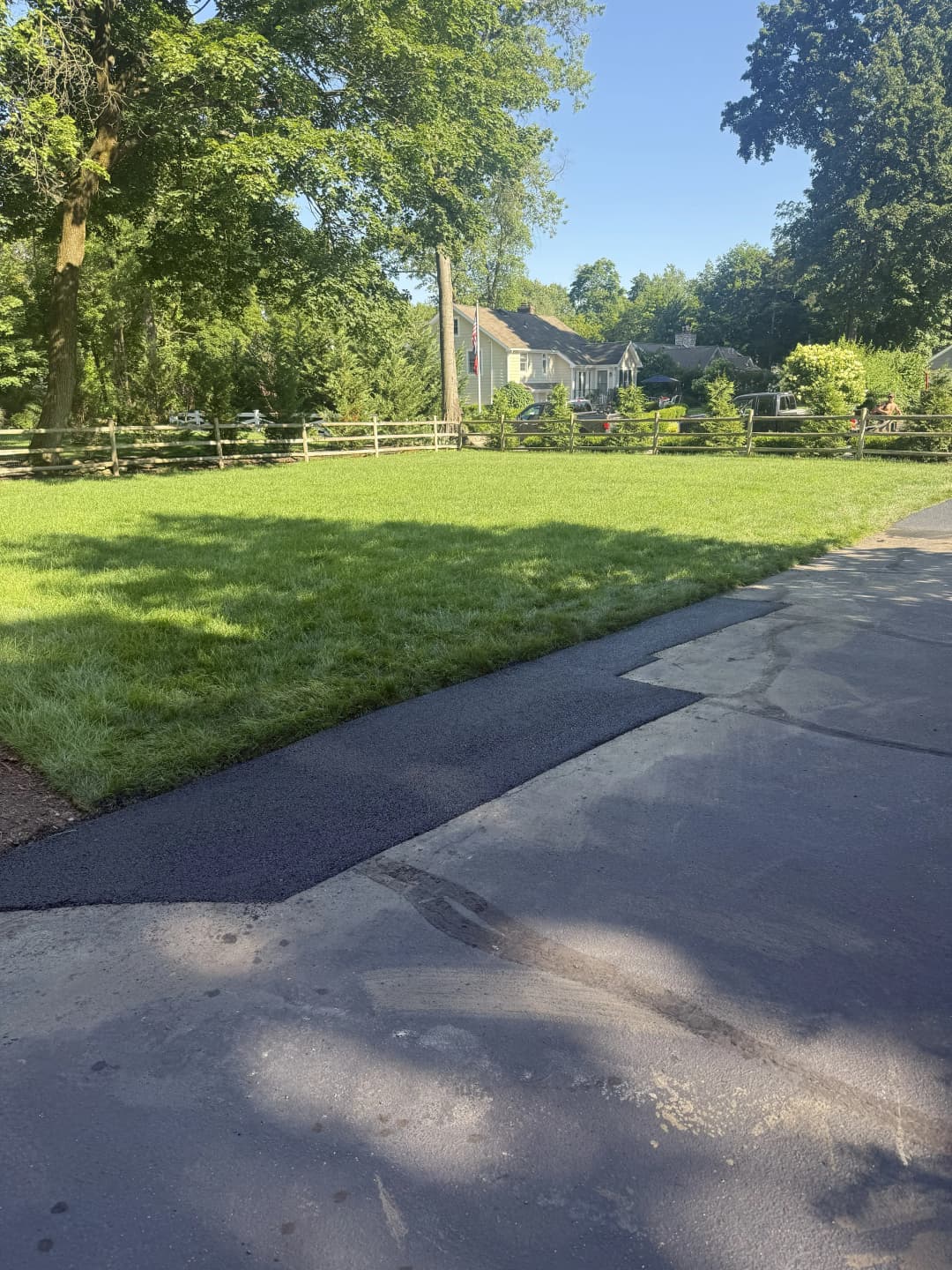 Lush green lawn and paved driveway under clear blue sky in suburban neighborhood.