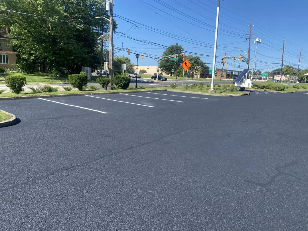 Freshly paved parking lot with clear lines and surrounding greenery on a sunny day.
